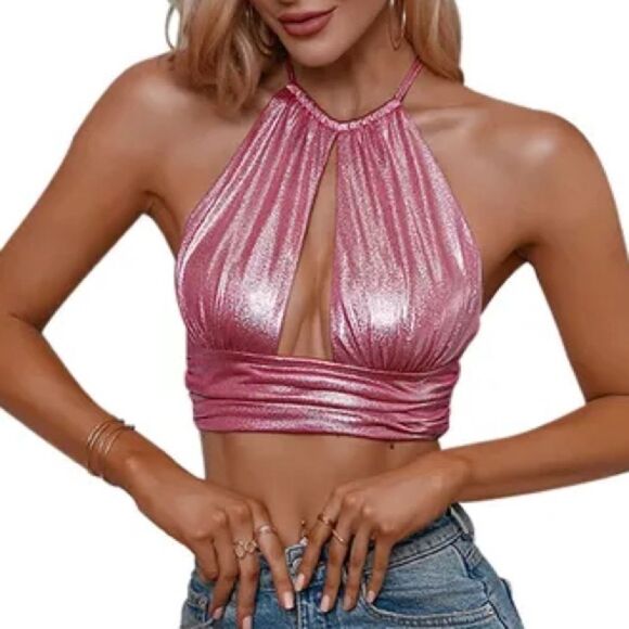 NWOT Metallic Pink Ruched Cut Halter Neck Crop Top- Double Crazy Sz M - Picture 1 of 6
